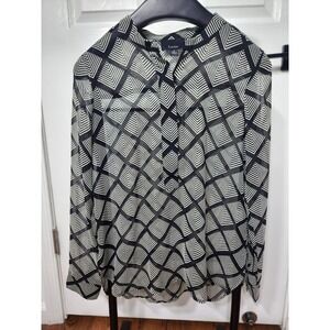 Lumiere Women Black White Geometric Print Zip Front Chiffon Blouse Small